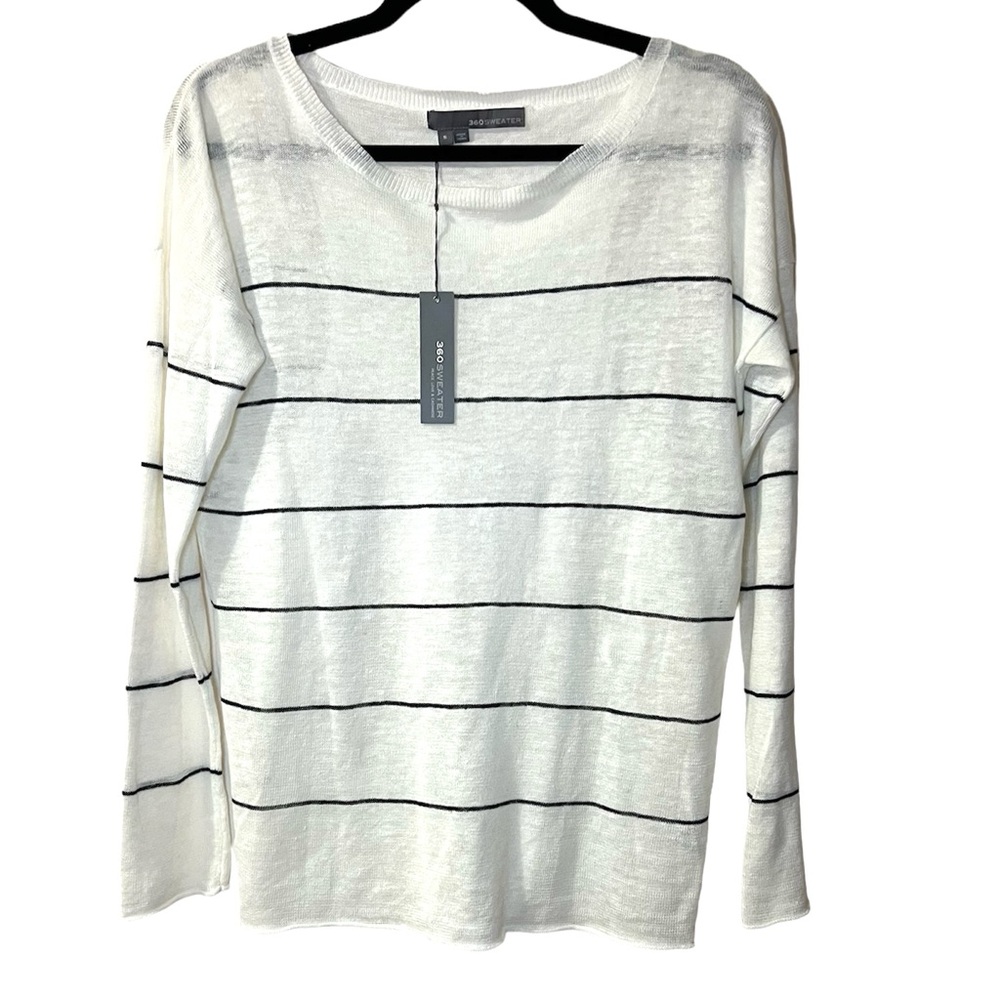 360 Sweater linen knit top white with thin black stripes open back overlay S NWT